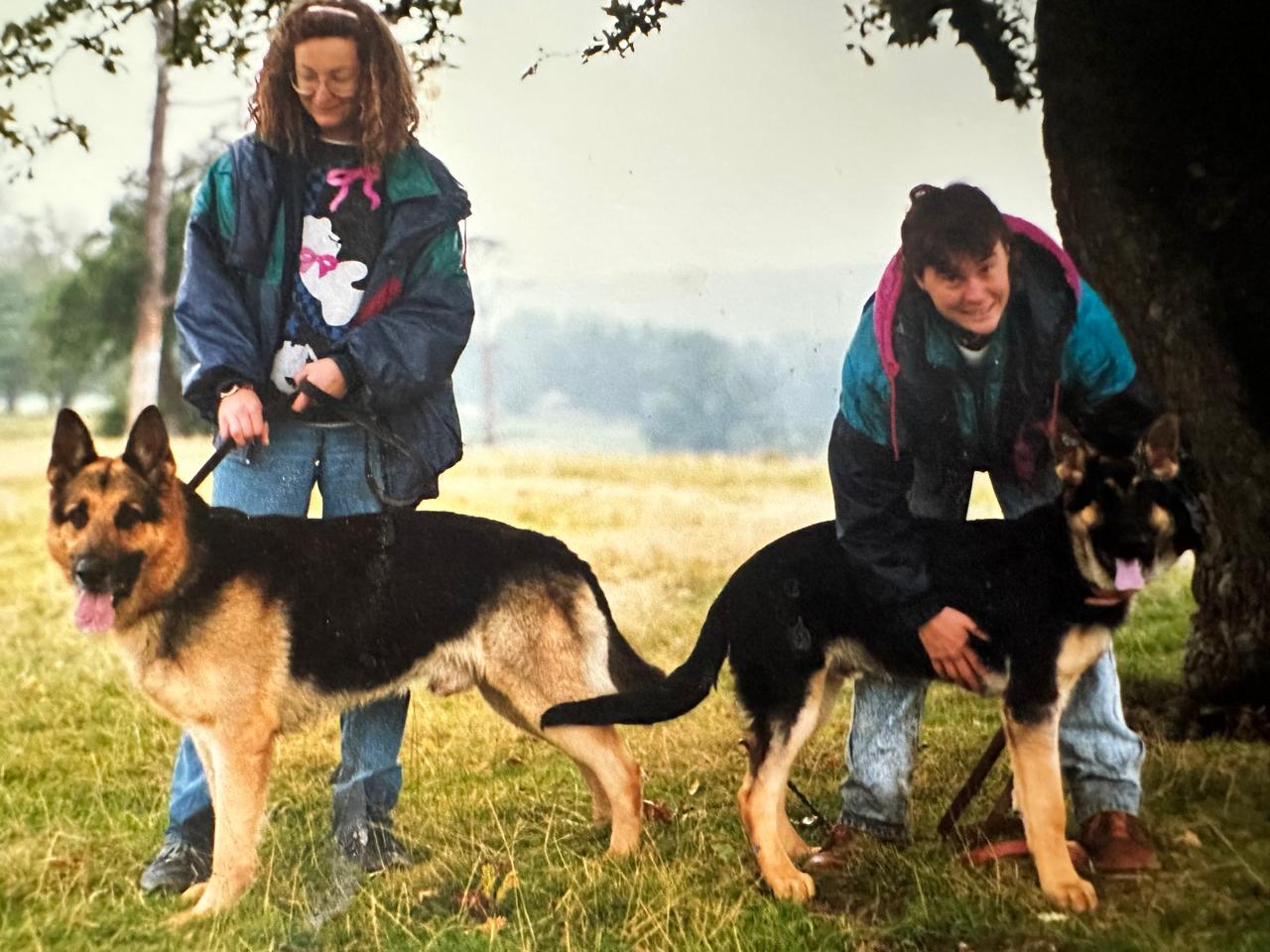 Julie and me in 1994 looking at the West Sussex police's Olderhill GSDs